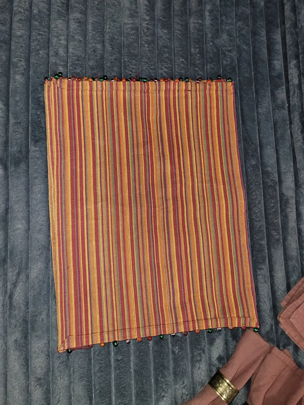 Pier 1 Rust Cloth Napkins with Striped Multicolor Beaded Runner And Napkin Rings
